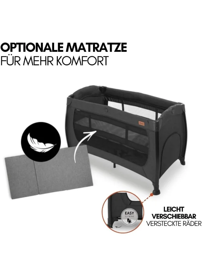 hauck Play N Relax Center Umbrella Bed With Mattress 2 Levels – Height Adjustable, Changing Table Included, Side Access, Wheels – Melange Black