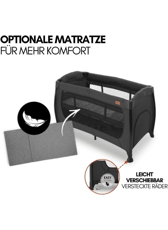 hauck - Play N Relax Center Umbrella Bed With Mattress 2 Levels – Height Adjustable, Changing Table Included, Side Access, Wheels – Melange Black - Image 1