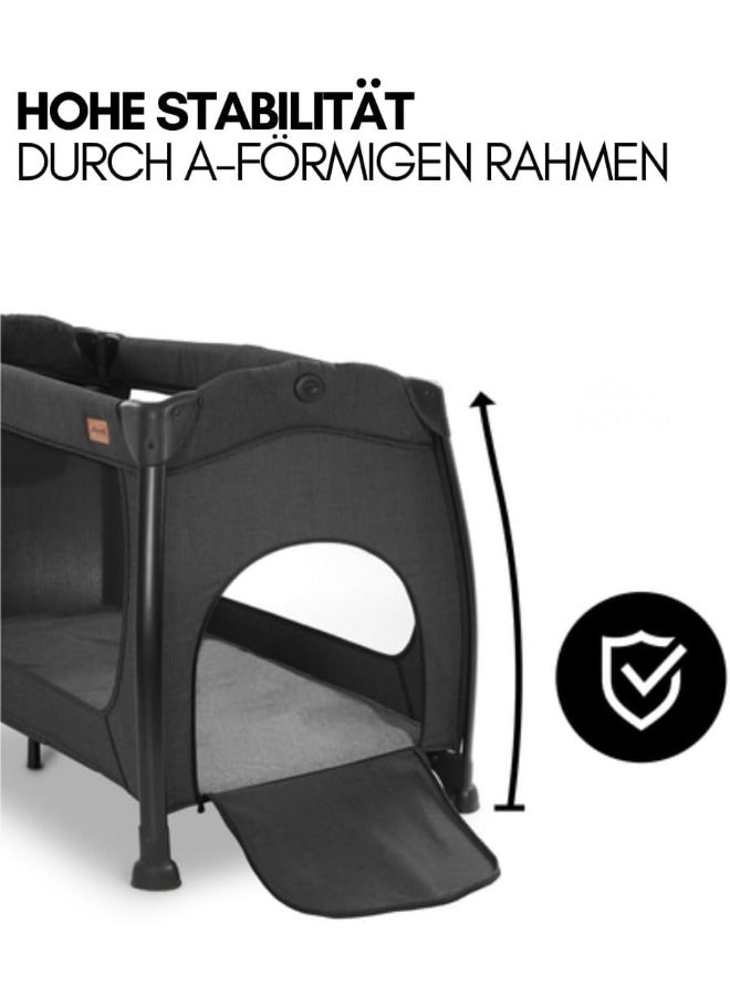 hauck - Play N Relax Center Umbrella Bed With Mattress 2 Levels – Height Adjustable, Changing Table Included, Side Access, Wheels – Melange Black - Image 1