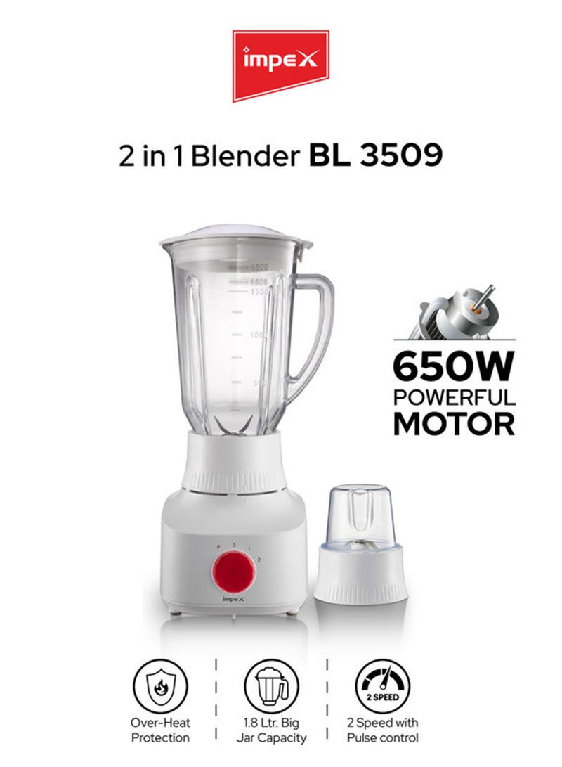 Impex 2 in 1 Powerful Blender 650W with Grinder, 1.8L Blender Jar,50g Grinding Jar, 2 Speed Settings with Pulse Control, Motor Overheat Protection, 220-240V, Durable Design 1.8 L 650 W BL 3509 White - Image 1