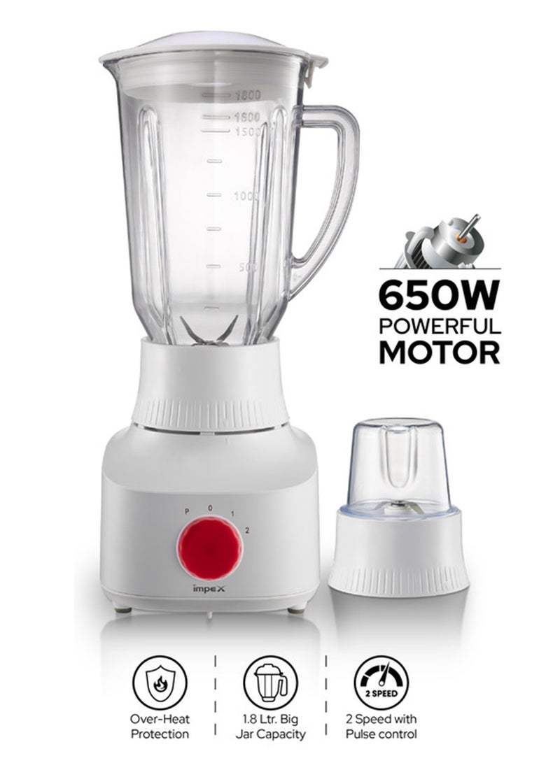Impex 2 in 1 Powerful Blender 650W with Mixer Grinder, 1.8L Blender Jar,50g Grinding Jar, Juice Maker, 2 Speed Settings with Pulse Control, Motor Overheat Protection, 220-240V, Durable Design 1.8 L 650 W BL 3509 White - Image 1