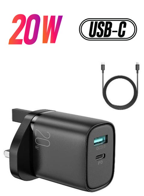 20W dual port fast charger with cable, supports PD 3.0, QC 3.0. Wall travel adapter PD 30W fast charger, iP 12/13 and PD18W iP 8-11, and iPad, compatible with Samsung AFC, Huawei SCP and other lower versions of iPhone and other Black