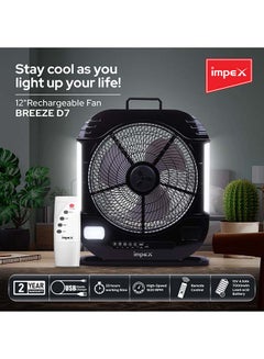 Impex 3-Blade Rechargeable Fan With LED Light Lamp Breeze D7 Black  - Image 3