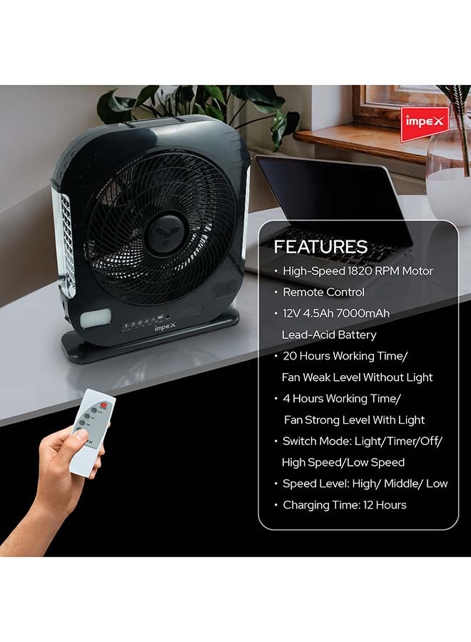 3-Blade Rechargeable Fan With LED Light Lamp Breeze D7 Black