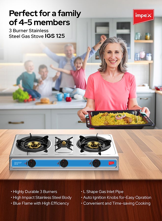 Impex - 3-Burner Stainless Steel Gas Stove IGS 125 Silver - Image 1