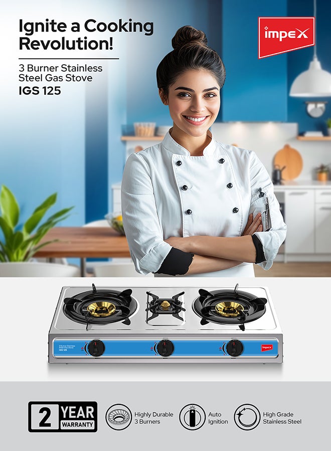 Impex 3-Burner Stainless Steel Gas Stove IGS 125 Silver  - Image 2