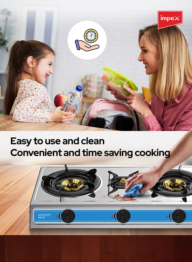 Impex - 3-Burner Stainless Steel Gas Stove IGS 125 Silver - Image 1