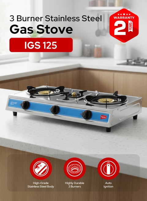 3-Burner Stainless Steel Gas Stove IGS 125 Silver