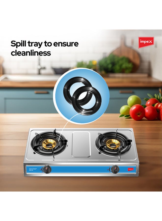 Impex - 2-Burner Stainless Steel Gas Stove- Aesthetically Designed, High Impact Stainless Steel Body, Spill Tray for Cleanliness, High-Efficiency Blue Flame, Auto Ignition Knobs, 2-Year Warranty IGS 124 Silver - Image 1