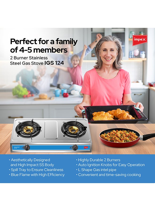 Impex - 2-Burner Stainless Steel Gas Stove- Aesthetically Designed, High Impact Stainless Steel Body, Spill Tray for Cleanliness, High-Efficiency Blue Flame, Auto Ignition Knobs, 2-Year Warranty IGS 124 Silver - Image 1