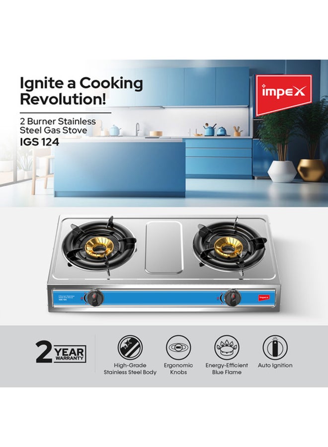 Impex - 2-Burner Stainless Steel Gas Stove- Aesthetically Designed, High Impact Stainless Steel Body, Spill Tray for Cleanliness, High-Efficiency Blue Flame, Auto Ignition Knobs, 2-Year Warranty IGS 124 Silver - Image 1