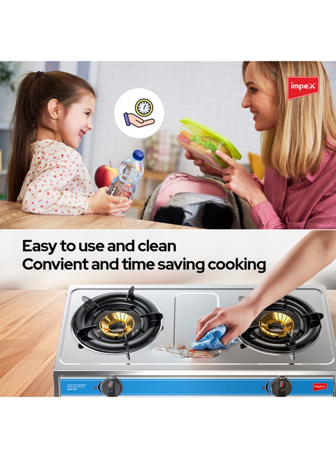 Impex - 2-Burner Stainless Steel Gas Stove- Aesthetically Designed, High Impact Stainless Steel Body, Spill Tray for Cleanliness, High-Efficiency Blue Flame, Auto Ignition Knobs, 2-Year Warranty IGS 124 Silver - Image 1