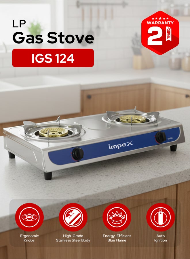 إمبكس موقد غاز من الفولاذ المقاوم للصدأ بشعلتين - تصميم جمالي، جسم من الفولاذ المقاوم للصدأ عالي التأثير، صينية انسكاب للنظافة، لهب أزرق عالي الكفاءة، مقابض إشعال تلقائي، ضمان لمدة عامين - Image 1