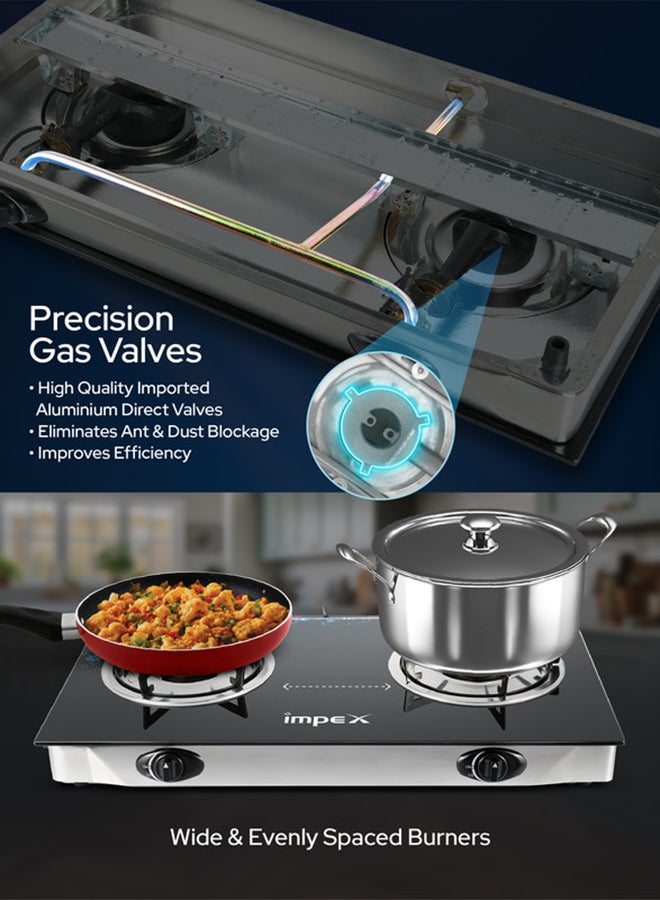 2 Burner Glass Top Gas Stove with Auto Ignition - IGS 1214F, Toughened Glass, Stainless Steel Spill Tray & Pan Support – High Efficiency Blue Flame, Ergonomic Knobs, L Shape Gas Inlet Kitchen Food Fast Cooking, 2-Year Warranty IGS 1214F Black/Silver