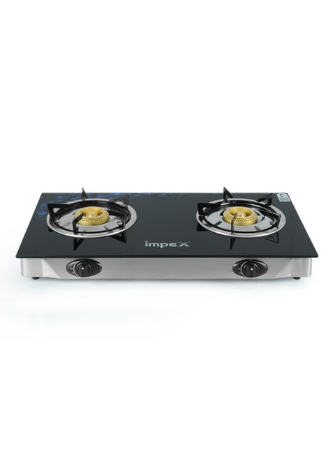 2 Burner Glass Top Gas Stove with Auto Ignition - IGS 1214F, Toughened Glass, Stainless Steel Spill Tray & Pan Support – High Efficiency Blue Flame, Ergonomic Knobs, L Shape Gas Inlet Kitchen Food Fast Cooking, 2-Year Warranty IGS 1214F Black/Silver