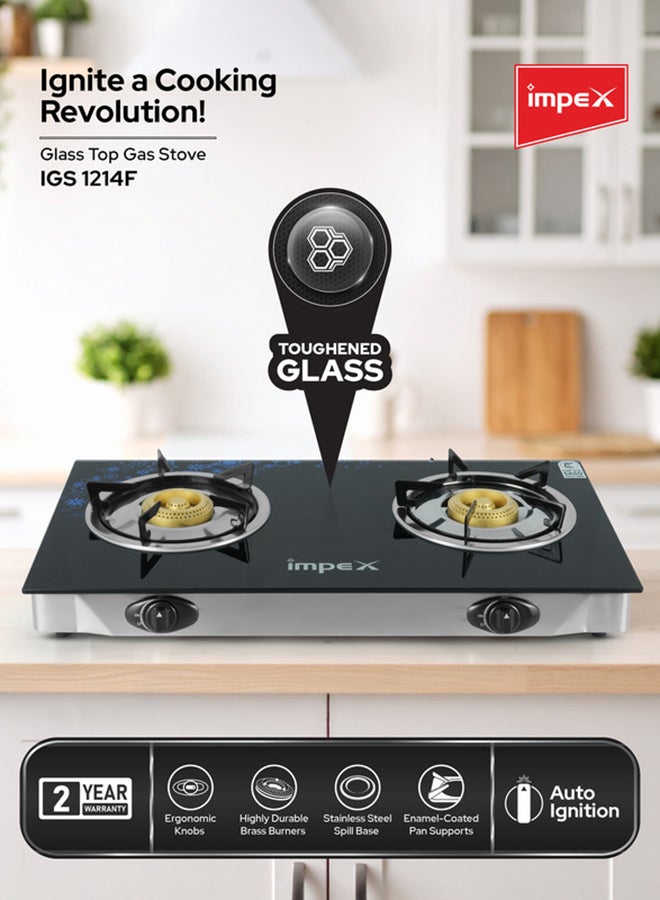 Impex 2 Burner Glass Top Gas Stove with Auto Ignition - IGS 1214F, Toughened Glass, Stainless Steel Spill Tray & Pan Support – High Efficiency Blue Flame, Ergonomic Knobs, L Shape Gas Inlet Kitchen Food Fast Cooking, 2-Year Warranty IGS 1214F Black/Silver  - Image 2