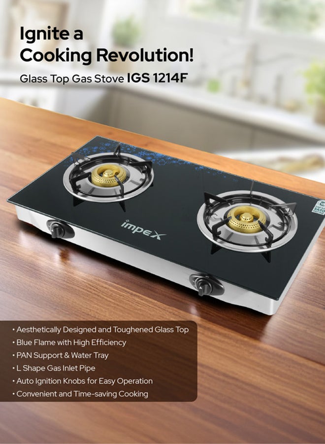 2 Burner Glass Top Gas Stove with Auto Ignition - IGS 1214F, Toughened Glass, Stainless Steel Spill Tray & Pan Support – High Efficiency Blue Flame, Ergonomic Knobs, L Shape Gas Inlet Kitchen Food Fast Cooking, 2-Year Warranty IGS 1214F Black/Silver