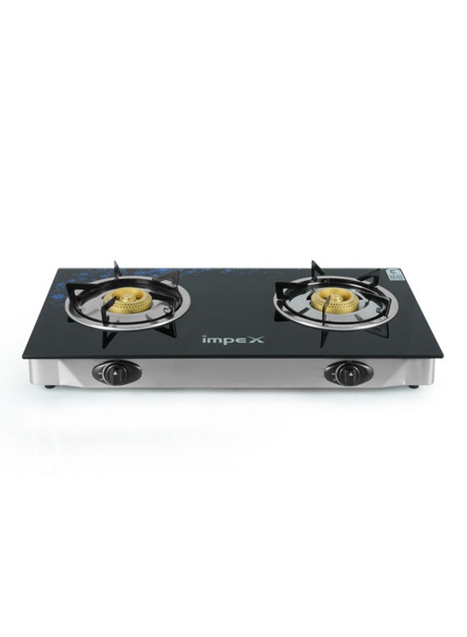 Impex 2 Burner Glass Top Gas Stove with Auto Ignition - IGS 1214F, Toughened Glass, Stainless Steel Spill Tray & Pan Support – High Efficiency Blue Flame, Ergonomic Knobs, L Shape Gas Inlet Kitchen Food Fast Cooking, 2-Year Warranty IGS 1214F Black/Silver - Image 1