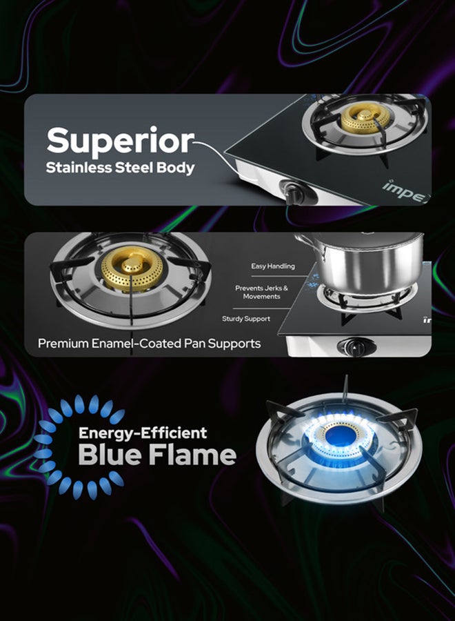 Impex 2 Burner Glass Top Gas Stove with Auto Ignition - IGS 1214F, Toughened Glass, Stainless Steel Spill Tray & Pan Support – High Efficiency Blue Flame, Ergonomic Knobs, L Shape Gas Inlet Kitchen Food Fast Cooking, 2-Year Warranty IGS 1214F Black/Silver - Image 4