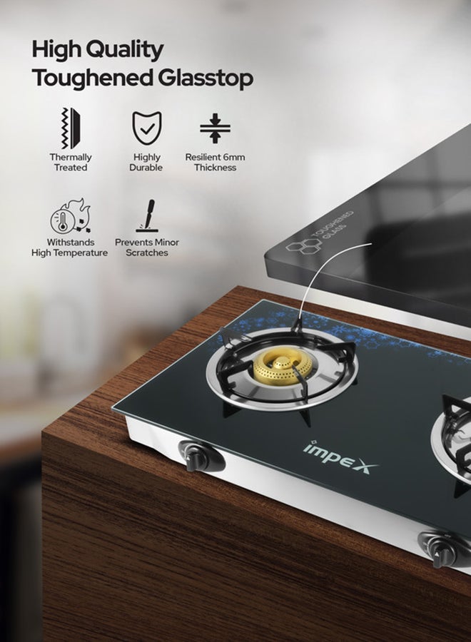 Impex 2 Burner Glass Top Gas Stove with Auto Ignition - IGS 1214F, Toughened Glass, Stainless Steel Spill Tray & Pan Support – High Efficiency Blue Flame, Ergonomic Knobs, L Shape Gas Inlet Kitchen Food Fast Cooking, 2-Year Warranty IGS 1214F Black/Silver - Image 3
