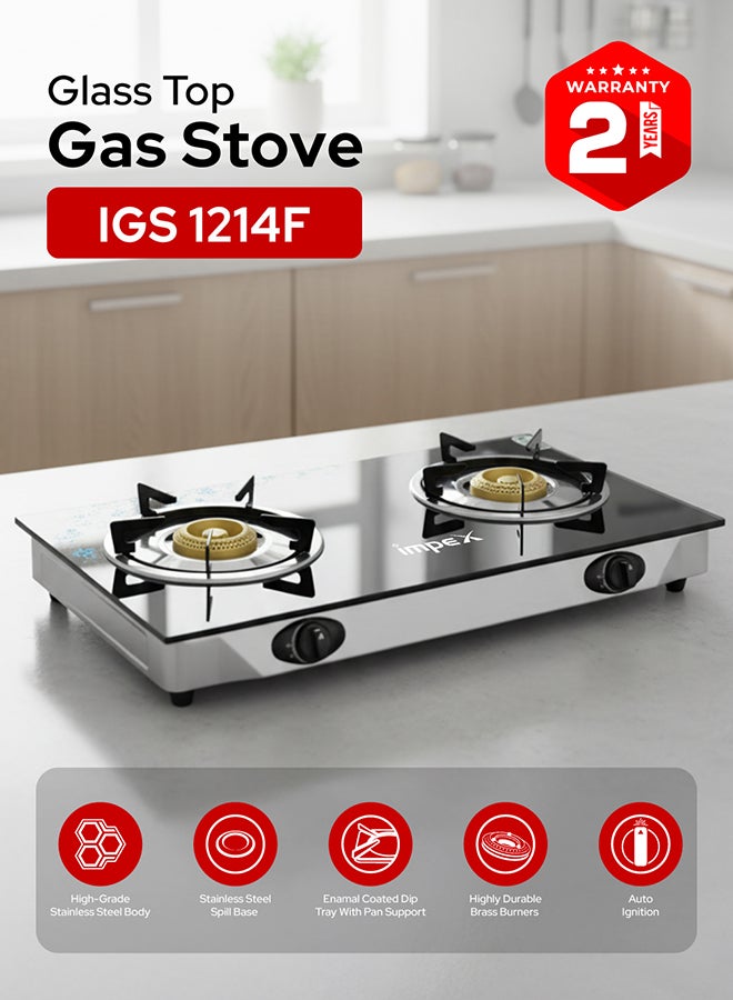 Impex 2 Burner Glass Top Gas Stove with Auto Ignition - IGS 1214F, Toughened Glass, Stainless Steel Spill Tray & Pan Support – High Efficiency Blue Flame, Ergonomic Knobs, L Shape Gas Inlet Kitchen Food Fast Cooking, 2-Year Warranty IGS 1214F Black/Silver - Image 2