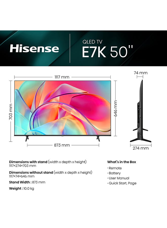 Hisense - QLED U6 4K Smart TV 50 Inch E7K Series With Quantum Dot Colour, VIDAA Voice, Dolby Vision, Bluetooth And WiFi 2023 New Model 50E7K Black - Image 1