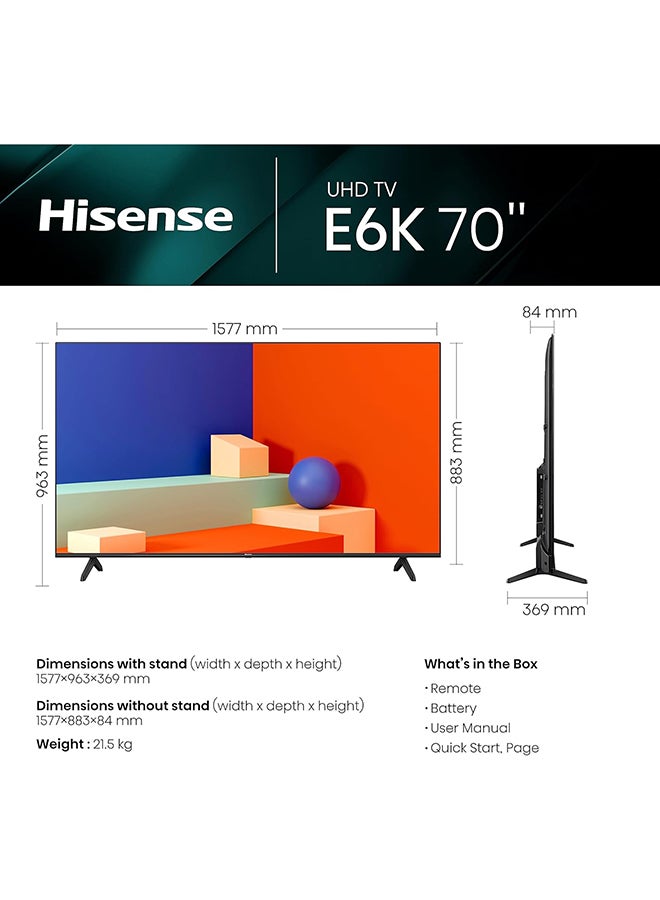 Hisense - VIDAA U6 4K Smart TV, 70 Inch UHD E6K With Dolby Vision, Pixel Tuning, Smooth Motion, Game Mode Plus 2023 New Model 70E6K Black - Image 1