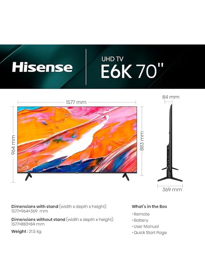 Hisense - VIDAA U6 4K Smart TV, 70 Inch UHD E6K With Dolby Vision, Pixel Tuning, Smooth Motion, Game Mode Plus 2023 New Model 70E6K Black - Image 1