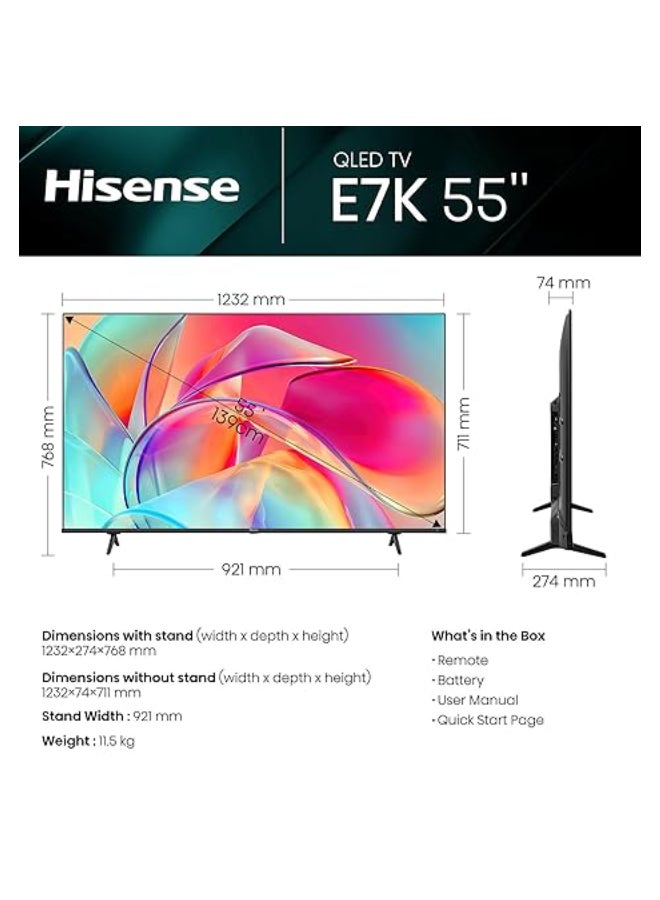 Hisense - QLED U6 4K Smart TV 55 Inch E7K Series With Quantum Dot Colour, VIDAA Voice, Dolby Vision, Bluetooth And WiFi 2023 New Model 55E7K Black - Image 1