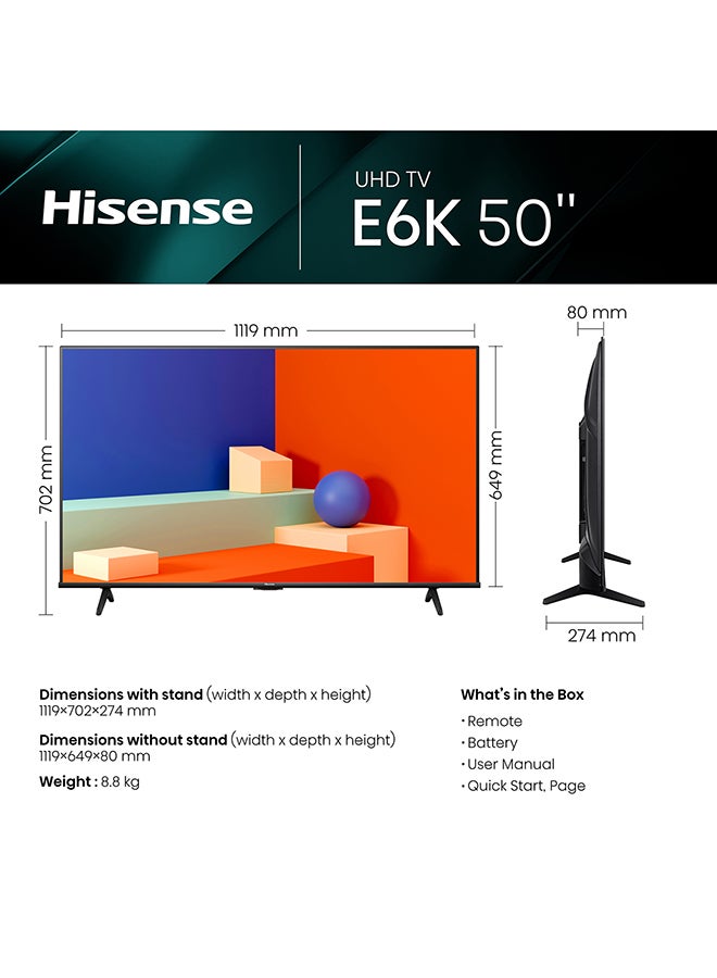 Hisense - VIDAA U6 4K Smart TV, 50 Inch UHD E6K With Dolby Vision, Pixel Tuning, Smooth Motion, Game Mode Plus 2023 New Model 50E6K Black - Image 1