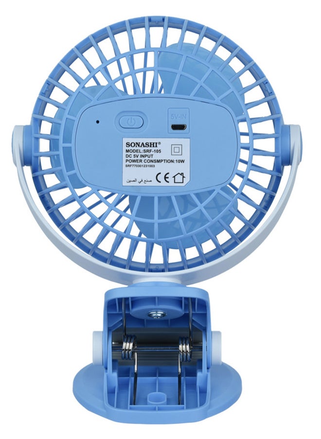 SONASHI - 5 Inch Rechargeable Clip Fan With 3 Speeds | Continuous Working Of 1.5 Hours(High), 2.5 Hours(Mid) & 4 Hours(Low) | 5V Usb Charge With Overcharge Protection | Portable SRF-105 Blue - Image 1