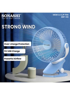 SONASHI 5 Inch Rechargeable Clip Fan With 3 Speeds | Continuous Working Of 1.5 Hours(High), 2.5 Hours(Mid) & 4 Hours(Low) | 5V Usb Charge With Overcharge Protection | Portable SRF-105 Blue  - Image 3