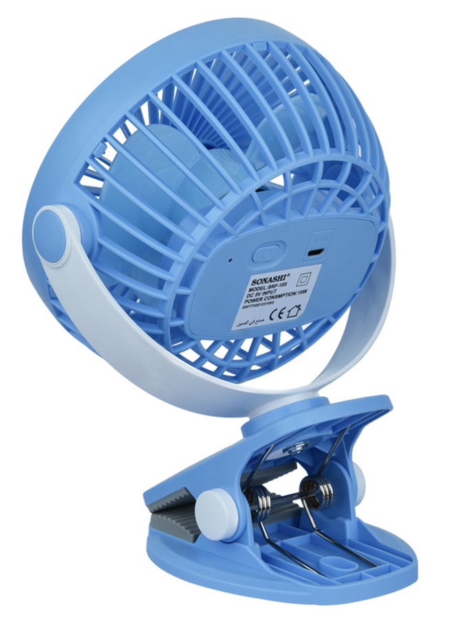 SONASHI - 5 Inch Rechargeable Clip Fan With 3 Speeds | Continuous Working Of 1.5 Hours(High), 2.5 Hours(Mid) & 4 Hours(Low) | 5V Usb Charge With Overcharge Protection | Portable SRF-105 Blue - Image 1