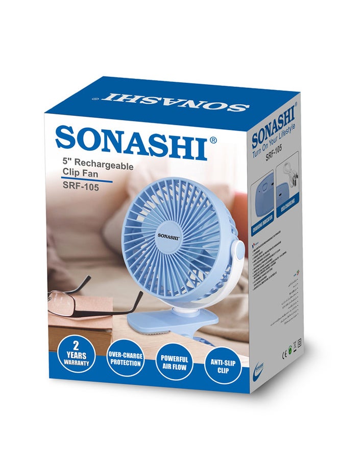 SONASHI - 5 Inch Rechargeable Clip Fan With 3 Speeds | Continuous Working Of 1.5 Hours(High), 2.5 Hours(Mid) & 4 Hours(Low) | 5V Usb Charge With Overcharge Protection | Portable SRF-105 Blue - Image 1