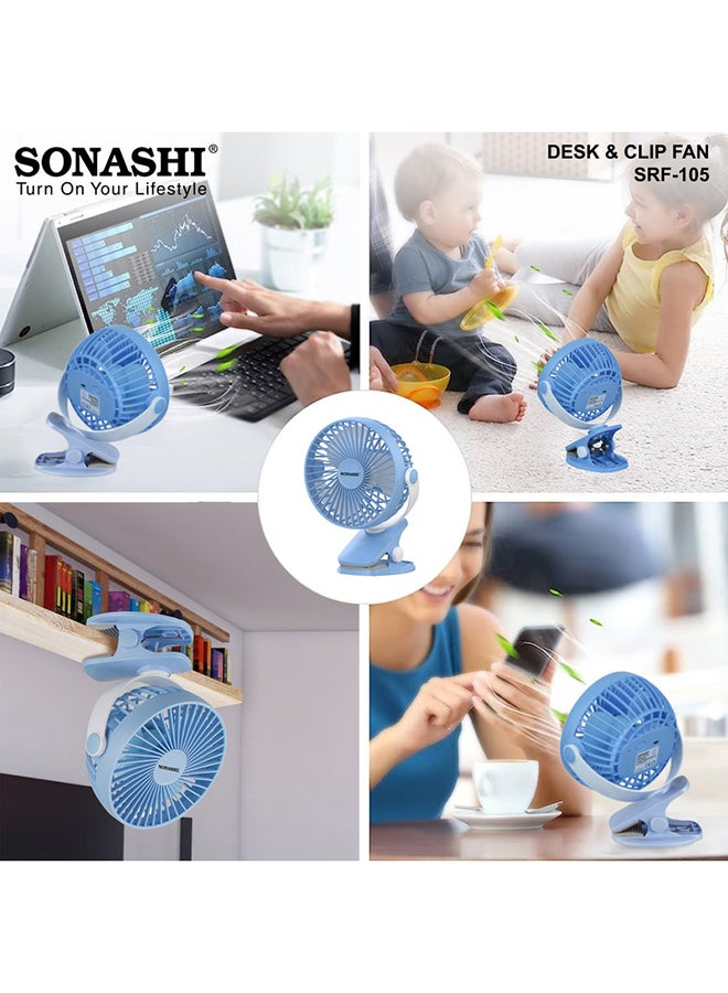 SONASHI - 5 Inch Rechargeable Clip Fan With 3 Speeds | Continuous Working Of 1.5 Hours(High), 2.5 Hours(Mid) & 4 Hours(Low) | 5V Usb Charge With Overcharge Protection | Portable SRF-105 Blue - Image 1