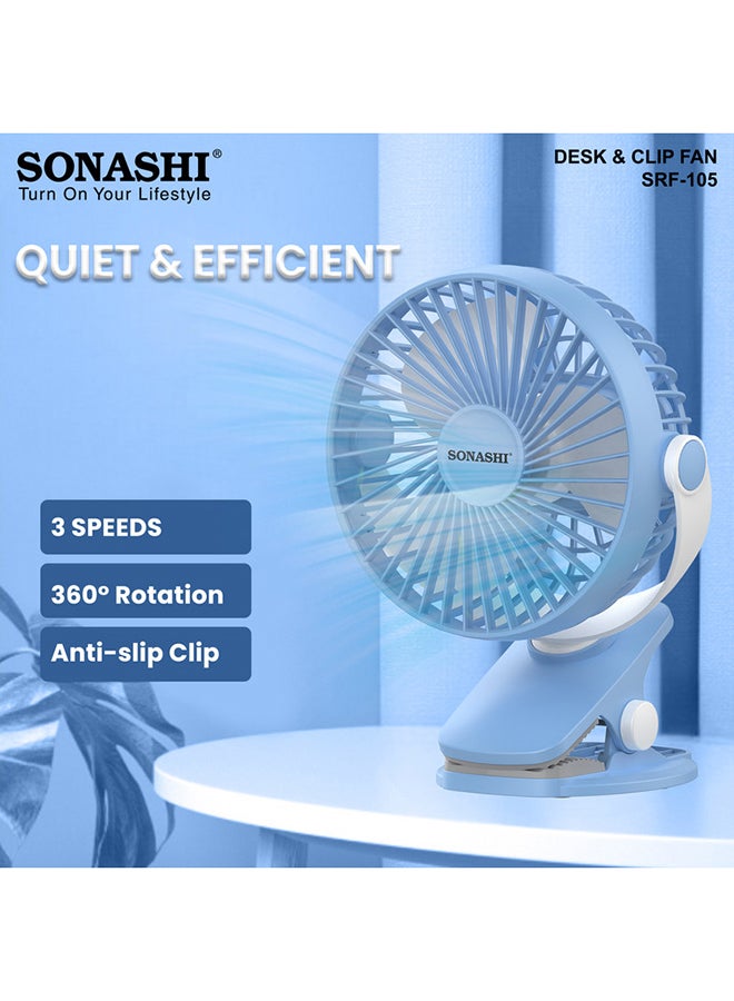 SONASHI - 5 Inch Rechargeable Clip Fan With 3 Speeds | Continuous Working Of 1.5 Hours(High), 2.5 Hours(Mid) & 4 Hours(Low) | 5V Usb Charge With Overcharge Protection | Portable SRF-105 Blue - Image 1