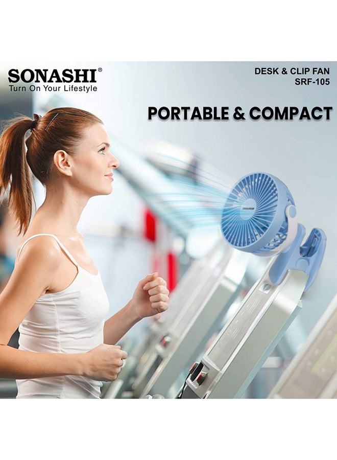 SONASHI - 5 Inch Rechargeable Clip Fan With 3 Speeds | Continuous Working Of 1.5 Hours(High), 2.5 Hours(Mid) & 4 Hours(Low) | 5V Usb Charge With Overcharge Protection | Portable SRF-105 Blue - Image 1