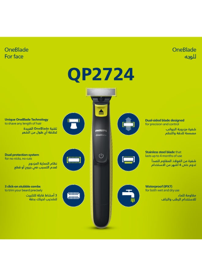 Philips OneBlade QP2724/10,Trim, Edge & Shave Any Length of Hair,3 Stubble Combs, Dual-Sided Blade,Wet & Dry Use, 45min Cordless Use Black & Lime - Image 2