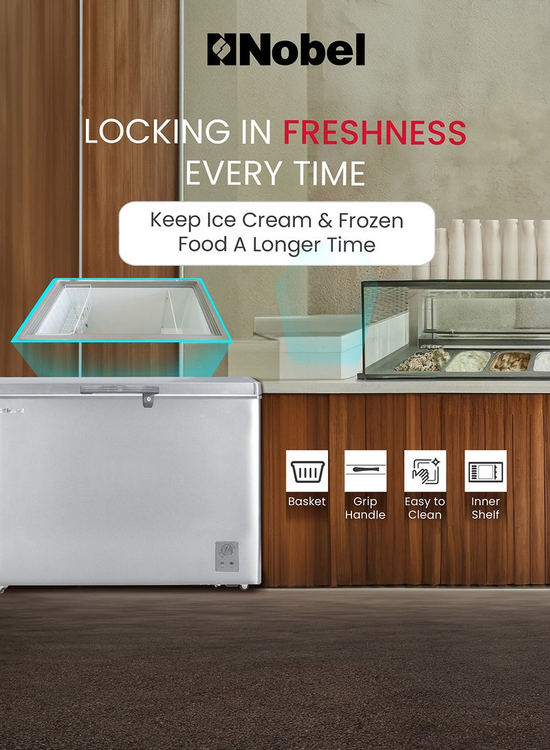 Nobel - 425L Gross Capacity Single Door Chest Freezer, R600A Refrigerant, White Coating Inner Liner, Adjustable Thermostat, Lock & Key, Castor Wheels, Inner Shelf with Basket, Eco Compressor, Inner Light 547.5 kW NCF425E Silver - Image 1