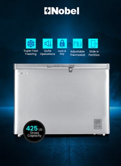 425L Gross Capacity Single Door Chest Freezer, R600A Refrigerant, White Coating Inner Liner, Adjustable Thermostat, Lock & Key, Castor Wheels, Inner Shelf with Basket, Eco Compressor, Inner Light 547.5 kW NCF425E Silver