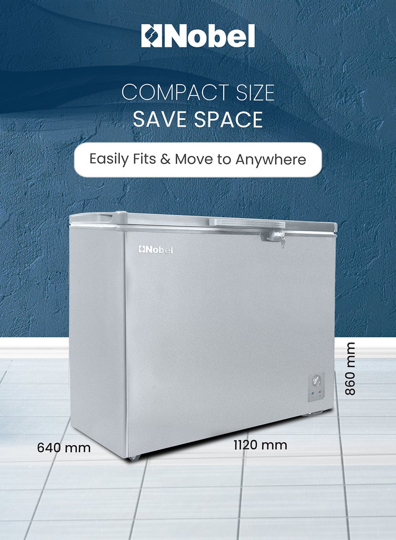 Nobel - 425L Gross Capacity Single Door Chest Freezer, R600A Refrigerant, White Coating Inner Liner, Adjustable Thermostat, Lock & Key, Castor Wheels, Inner Shelf with Basket, Eco Compressor, Inner Light 547.5 kW NCF425E Silver - Image 1