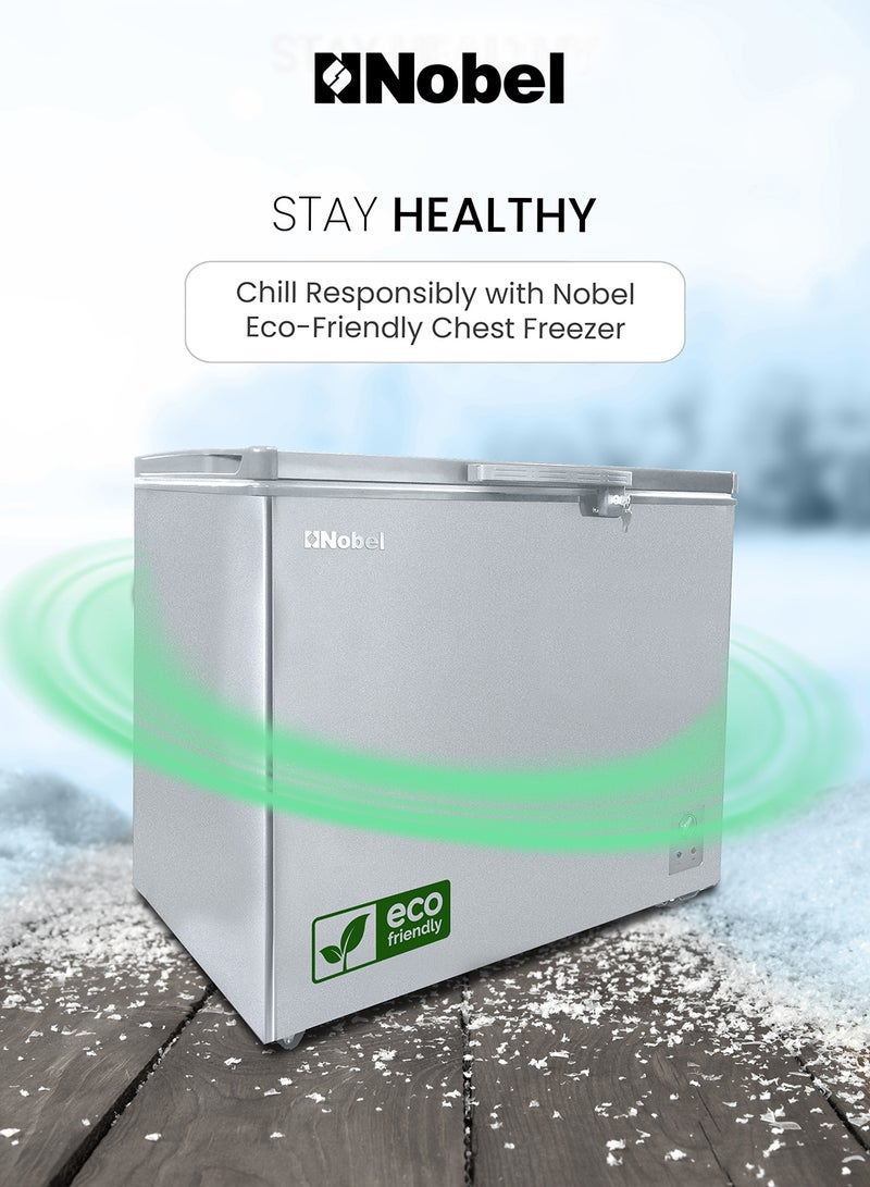 Nobel - 425L Gross Capacity Single Door Chest Freezer, R600A Refrigerant, White Coating Inner Liner, Adjustable Thermostat, Lock & Key, Castor Wheels, Inner Shelf with Basket, Eco Compressor, Inner Light 547.5 kW NCF425E Silver - Image 1