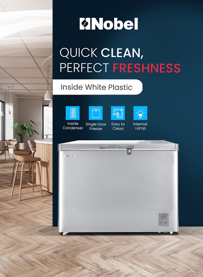 Nobel - 425L Gross Capacity Single Door Chest Freezer, R600A Refrigerant, White Coating Inner Liner, Adjustable Thermostat, Lock & Key, Castor Wheels, Inner Shelf with Basket, Eco Compressor, Inner Light 547.5 kW NCF425E Silver - Image 1