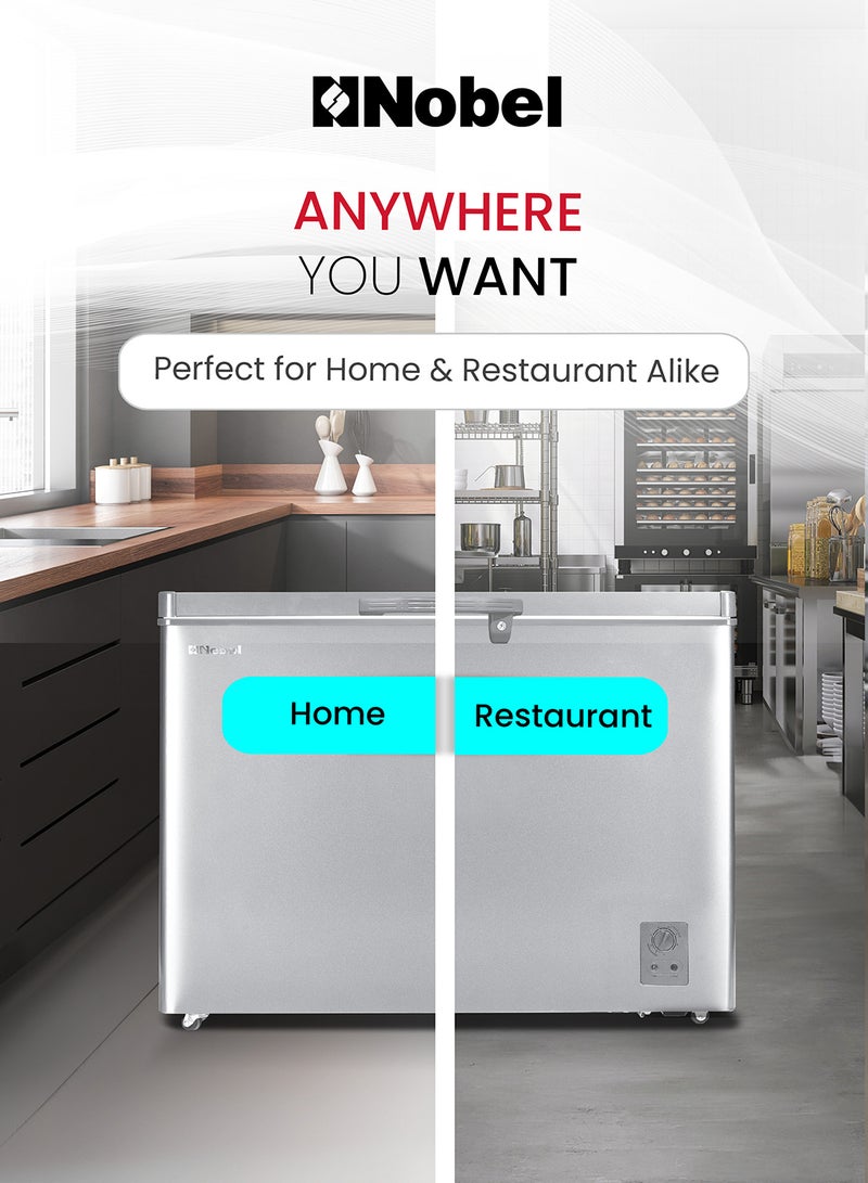 Nobel - 425L Gross Capacity Single Door Chest Freezer, R600A Refrigerant, White Coating Inner Liner, Adjustable Thermostat, Lock & Key, Castor Wheels, Inner Shelf with Basket, Eco Compressor, Inner Light 547.5 kW NCF425E Silver - Image 1