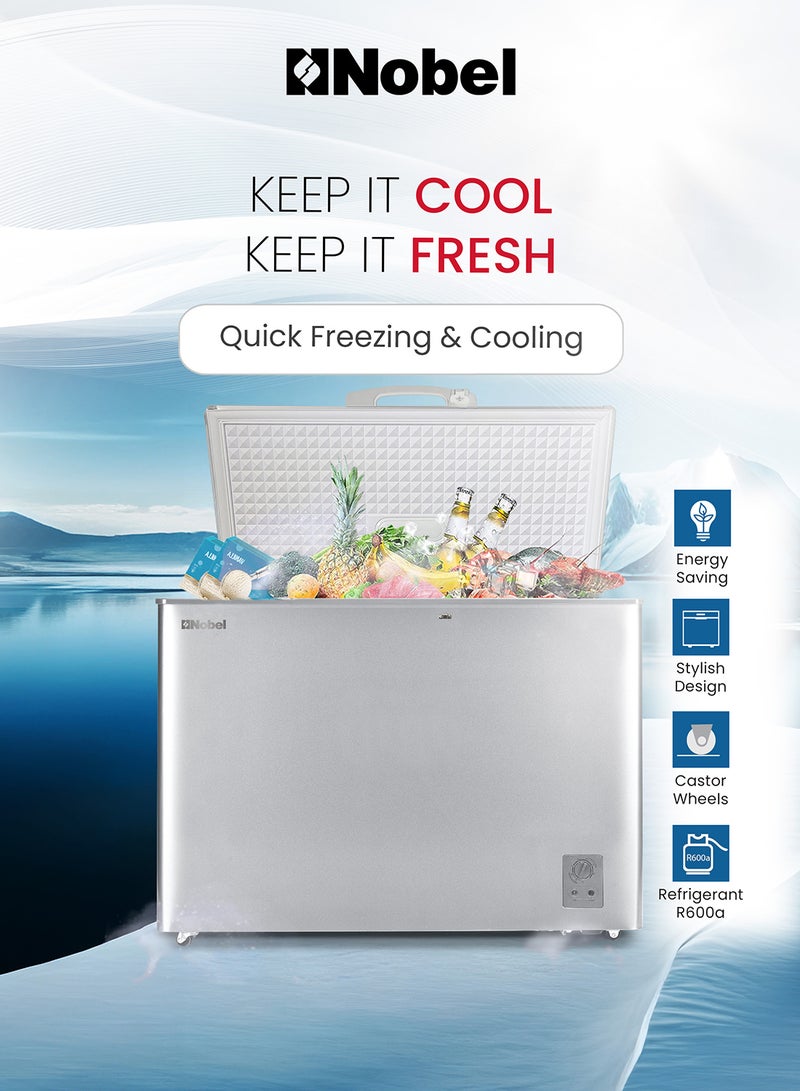 Nobel - 425L Gross Capacity Single Door Chest Freezer, R600A Refrigerant, White Coating Inner Liner, Adjustable Thermostat, Lock & Key, Castor Wheels, Inner Shelf with Basket, Eco Compressor, Inner Light 547.5 kW NCF425E Silver - Image 1