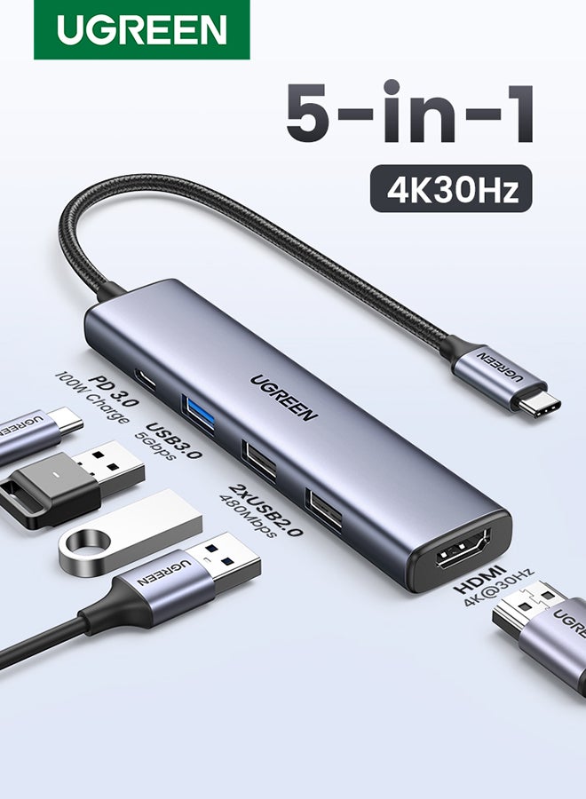 موزع USB C مع شحن PD بقوة 100 واط، محول من النوع C إلى HDMI 4K 30 هرتز، منافذ نقل بيانات USB Hub 3.0 بسرعة 5 جيجابت في الثانية، متوافق مع MacBook Pro/Air 2023 M2/M1، iPad Pro/Air، HP، Dell، ASUS، Lenovo، إلخ فضي 