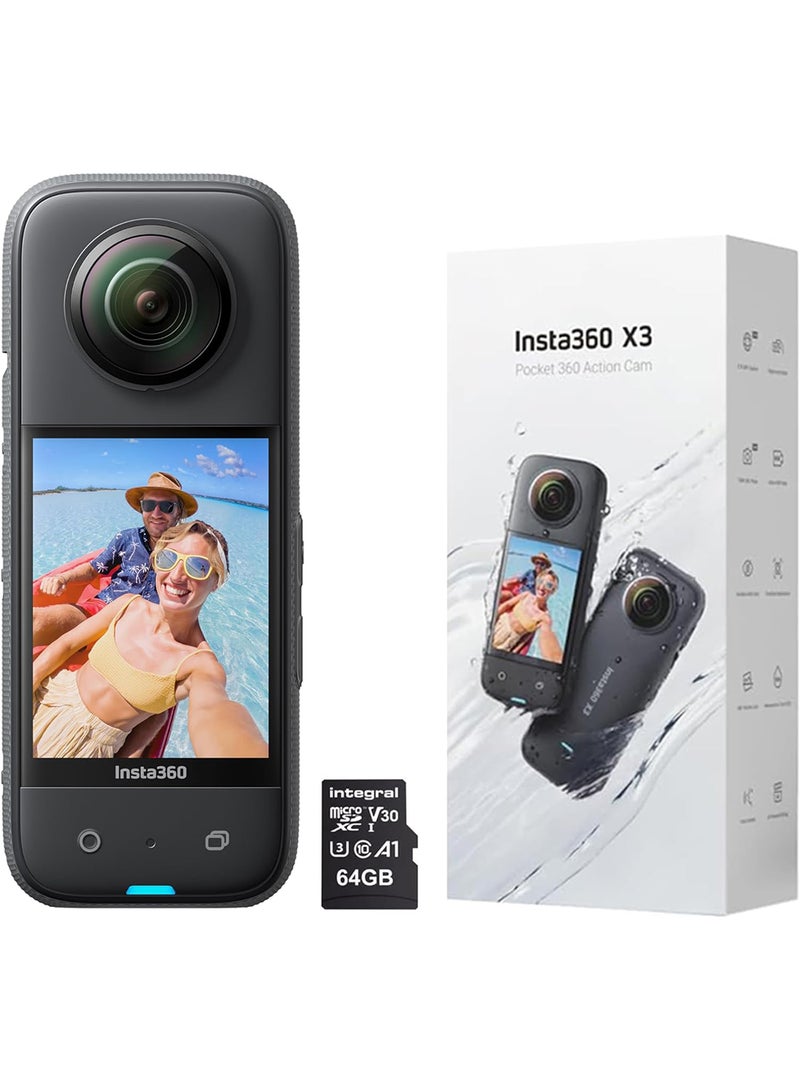 Insta360 - X3-360 Degree Waterproof Action Camera With 1/2" Sensor, 5.7K 360, 72MP 360 Photos, Stabilisation, 2.29" Touch Screen, AI Editing, Live Streaming, Webcam, Voice Control With 64GB Memory Card - Image 1