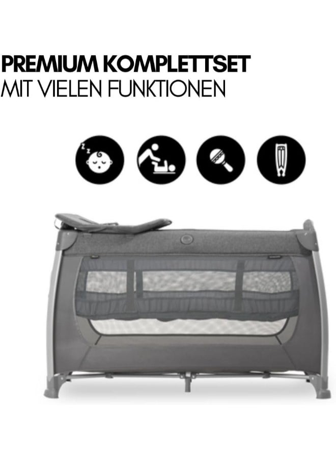 hauck - Play And Relax Center Travel Cot, Melange Charcoalfast Folding And Compact, With Changing Mat And Travel Bag, 120Cm X 60Cm, From Birth 15Kg - Image 1