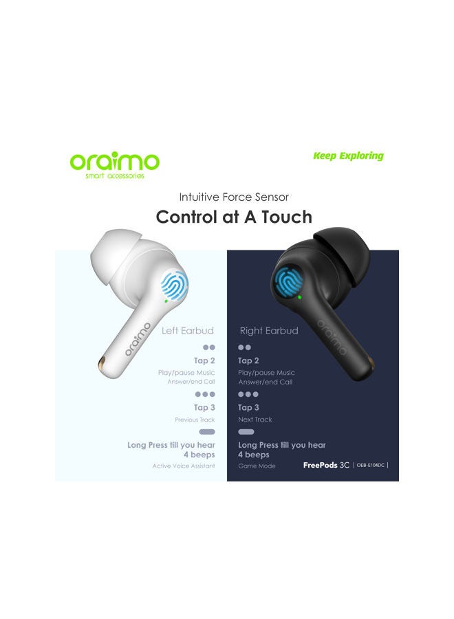 Oraimo - FreePods 3C ENC Calling Noise Cancellation , powerful bass 4 mics , Long Playtime True Wireless Earbuds IPX5-Water Resistant, Via App White - Image 1