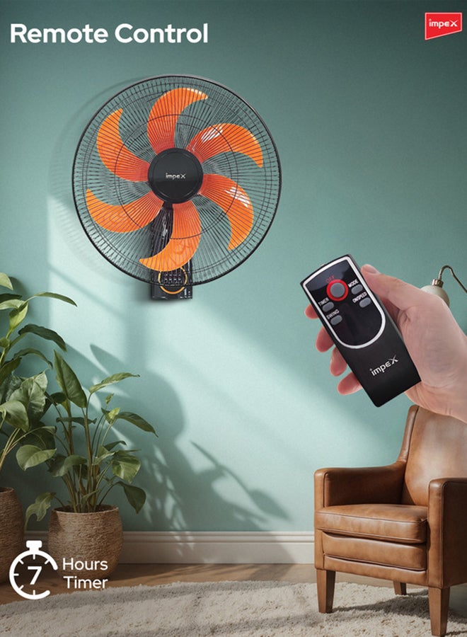 Impex 16 Inch Wall Fan , 60W, 3 Speeds, Remote Control, 100% Copper Motor, Wide Oscillation, 7-Hour Timer –WF 7503 45 W WF 7503 Black/Orange - Image 3